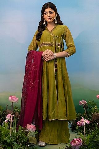dawn green cotton silk thread embroidered angrakha anarkali set