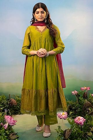 dawn green cotton silk thread embroidered kurta set