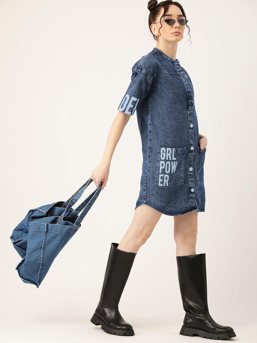 dc by kook n keech blue pure cotton typography printed pocket detail shirt mini dress