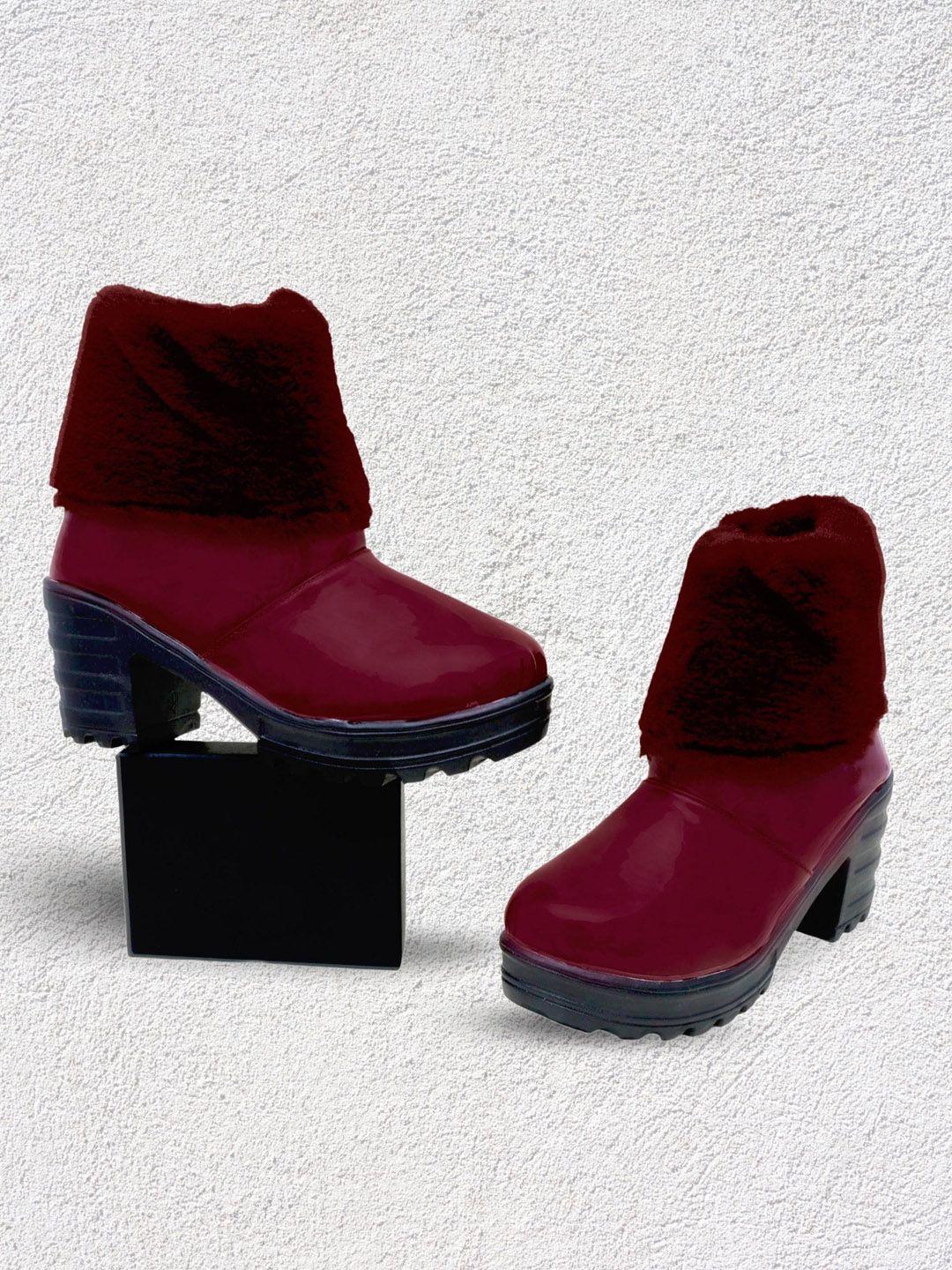 dchica girls maroon solid pu winter boots  with heels