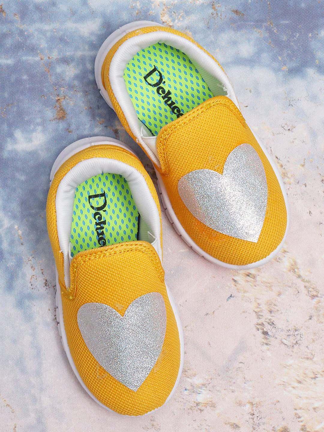 dchica girls yellow with sparkly heart applique slip-on sneakers