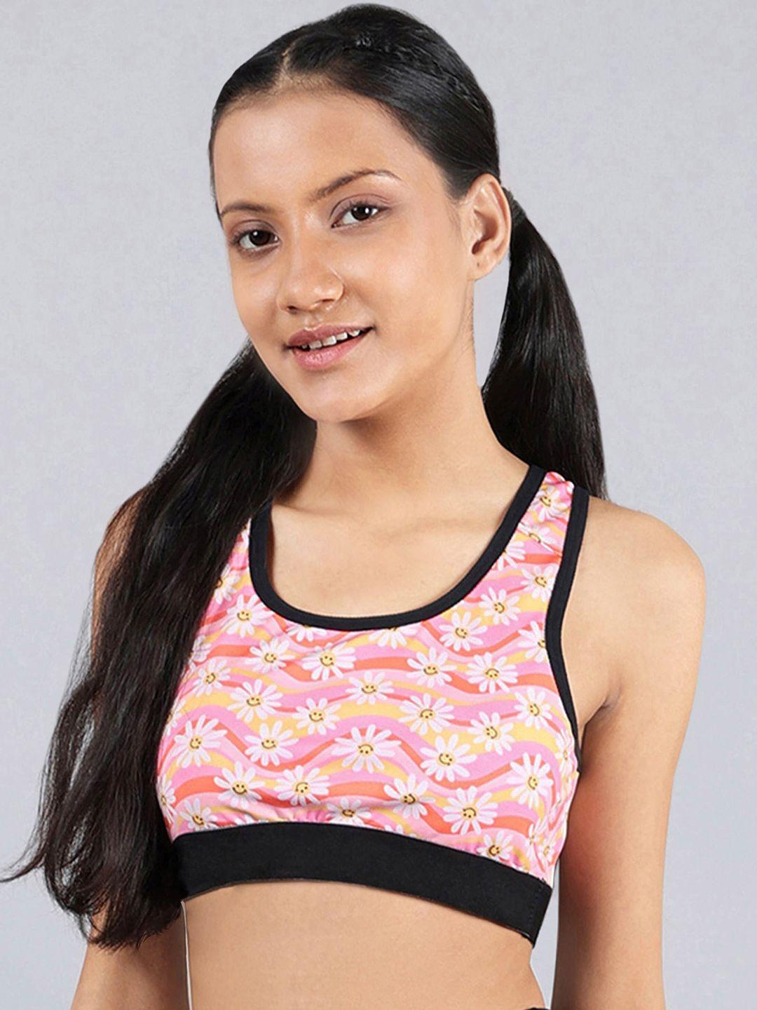 dchica floral printed cotton non padded full coverage training or gym racerback sports bra