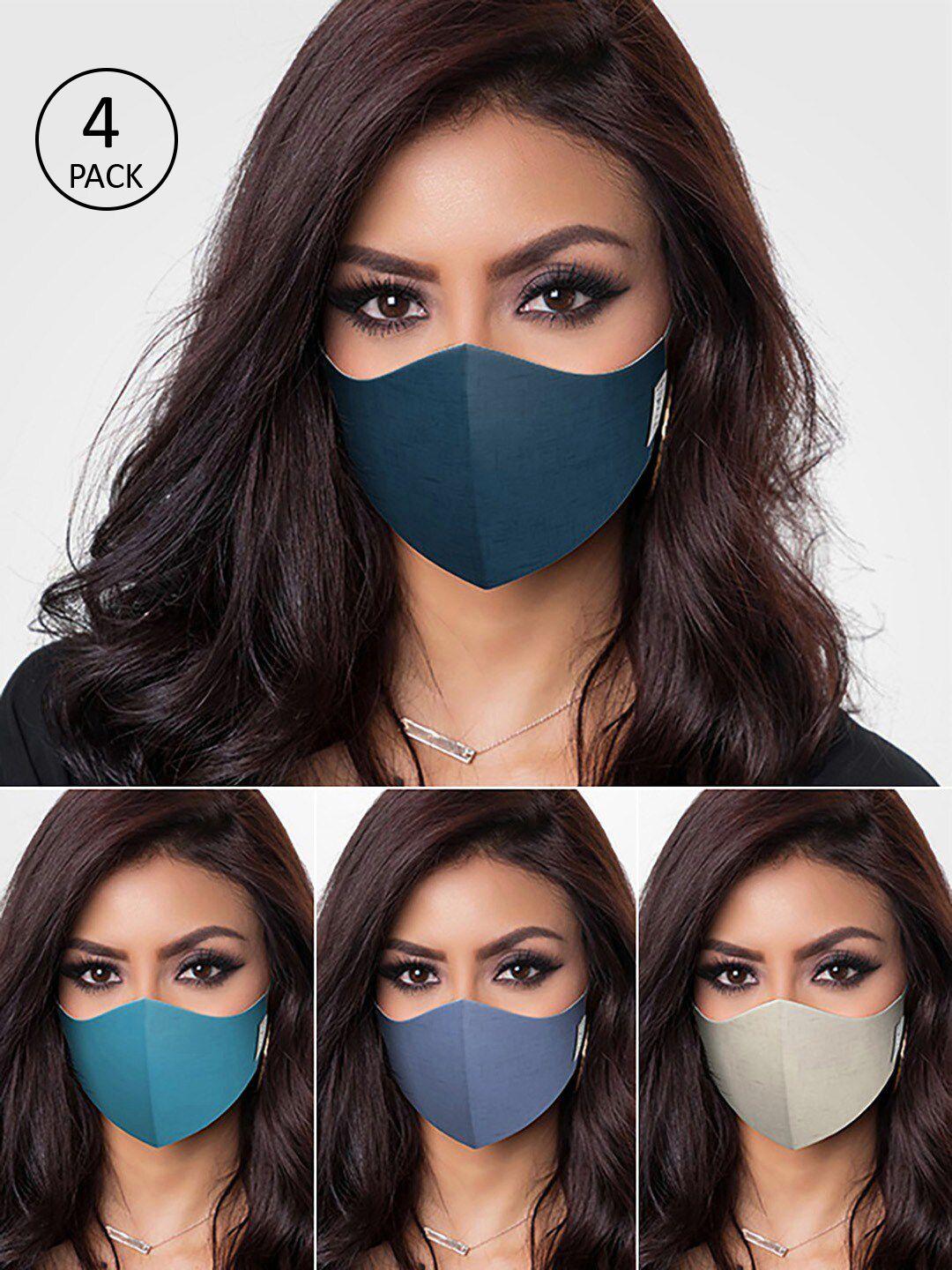 ddecor unisex pack of 4 navy-blue & turquoise-blue solid 3-ply cotton masks
