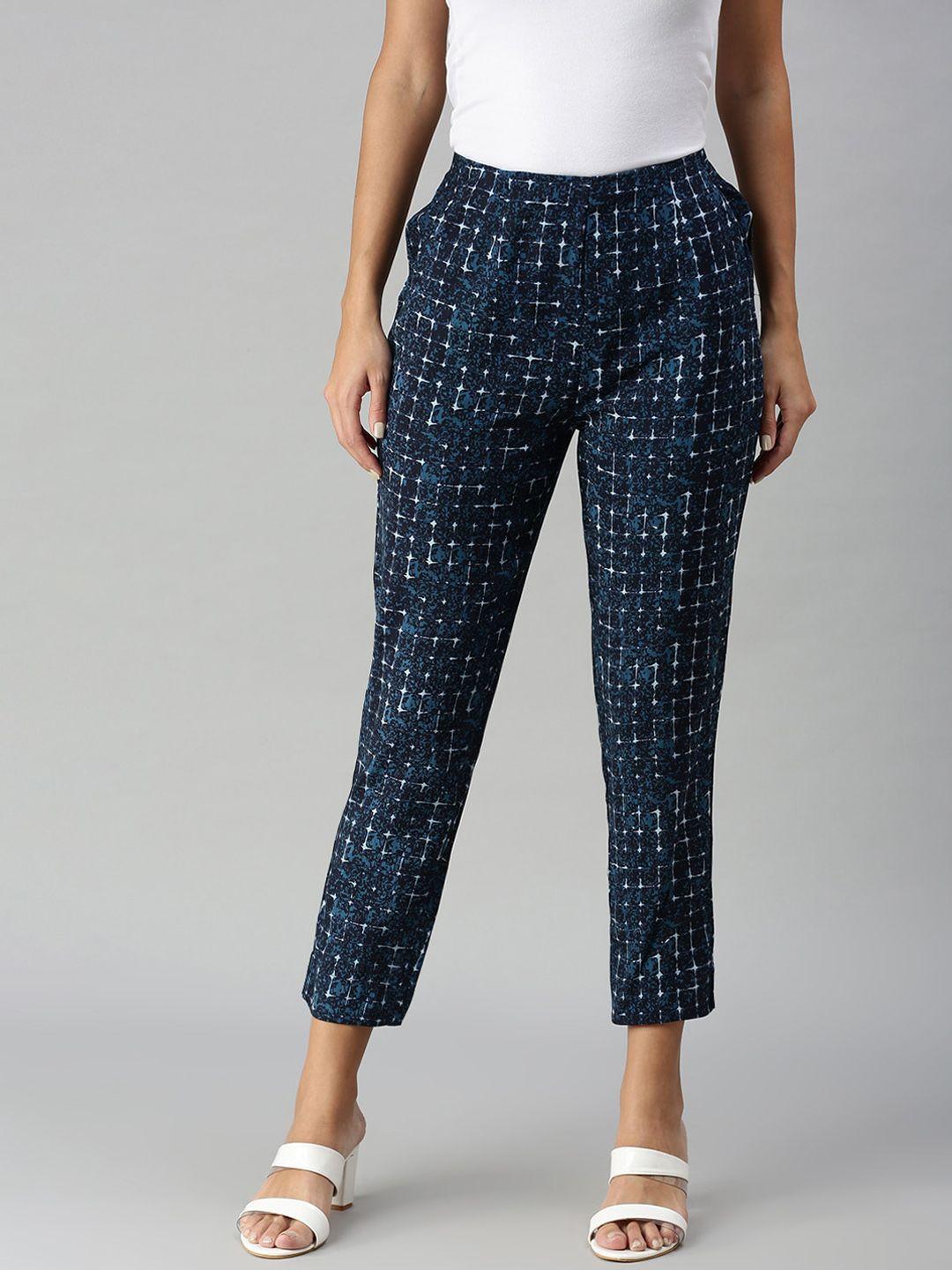 de moza women navy blue printed loose fit trousers