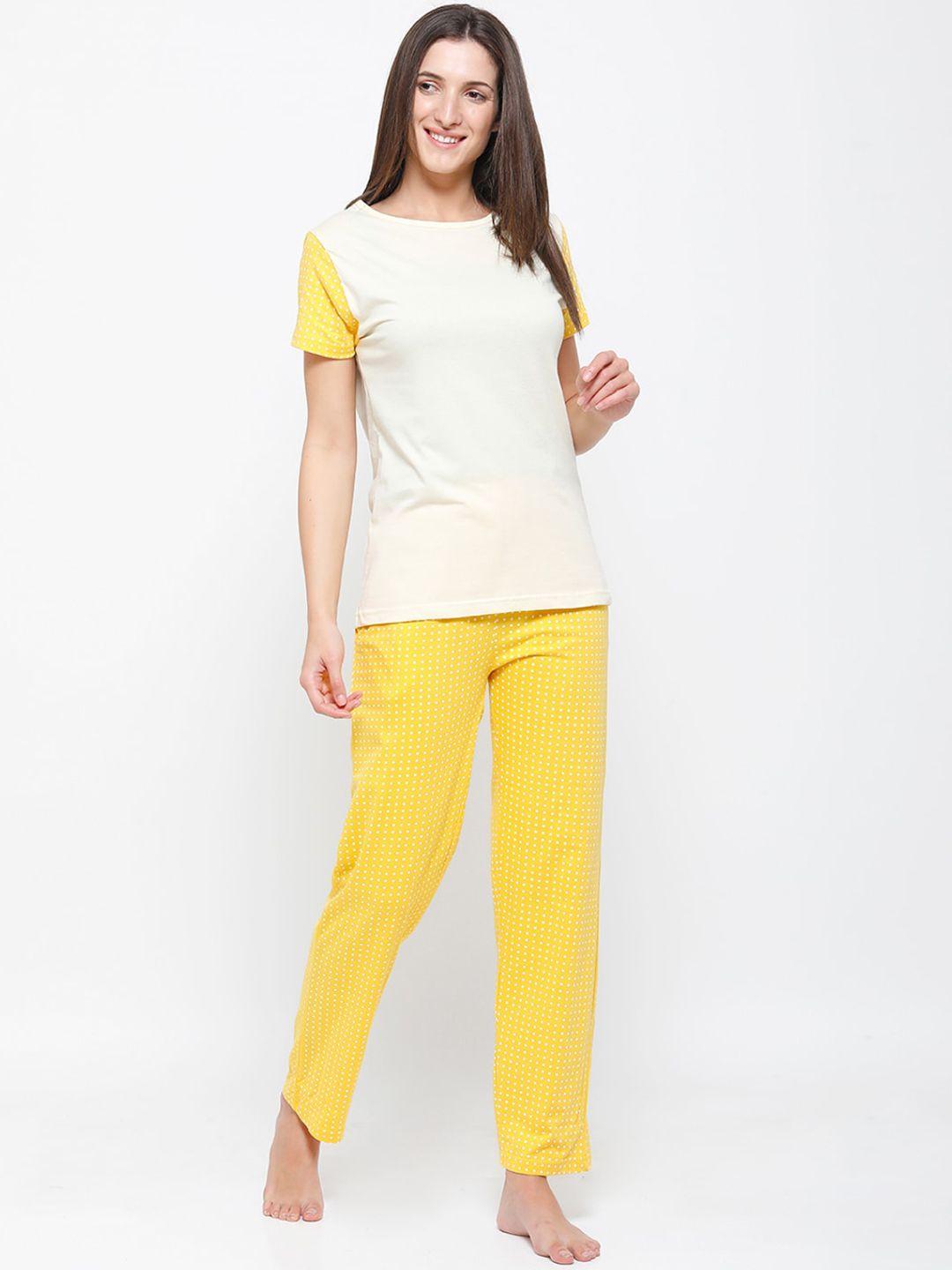 de moza women yellow polka dots printed cotton lounge pants