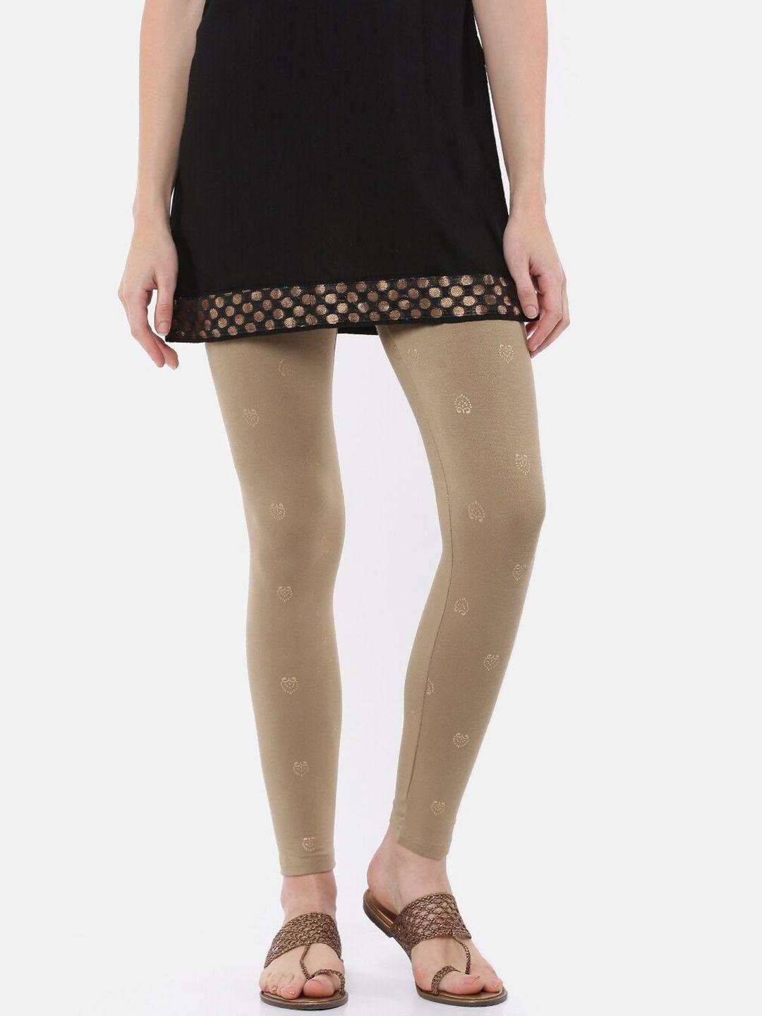 de moza women beige & gold printed ankle-length leggings