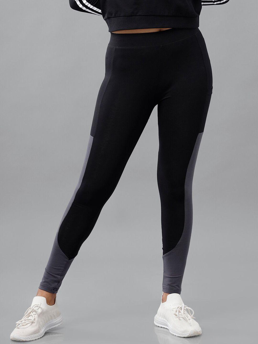 de moza women black & grey colourblocked activewear tights