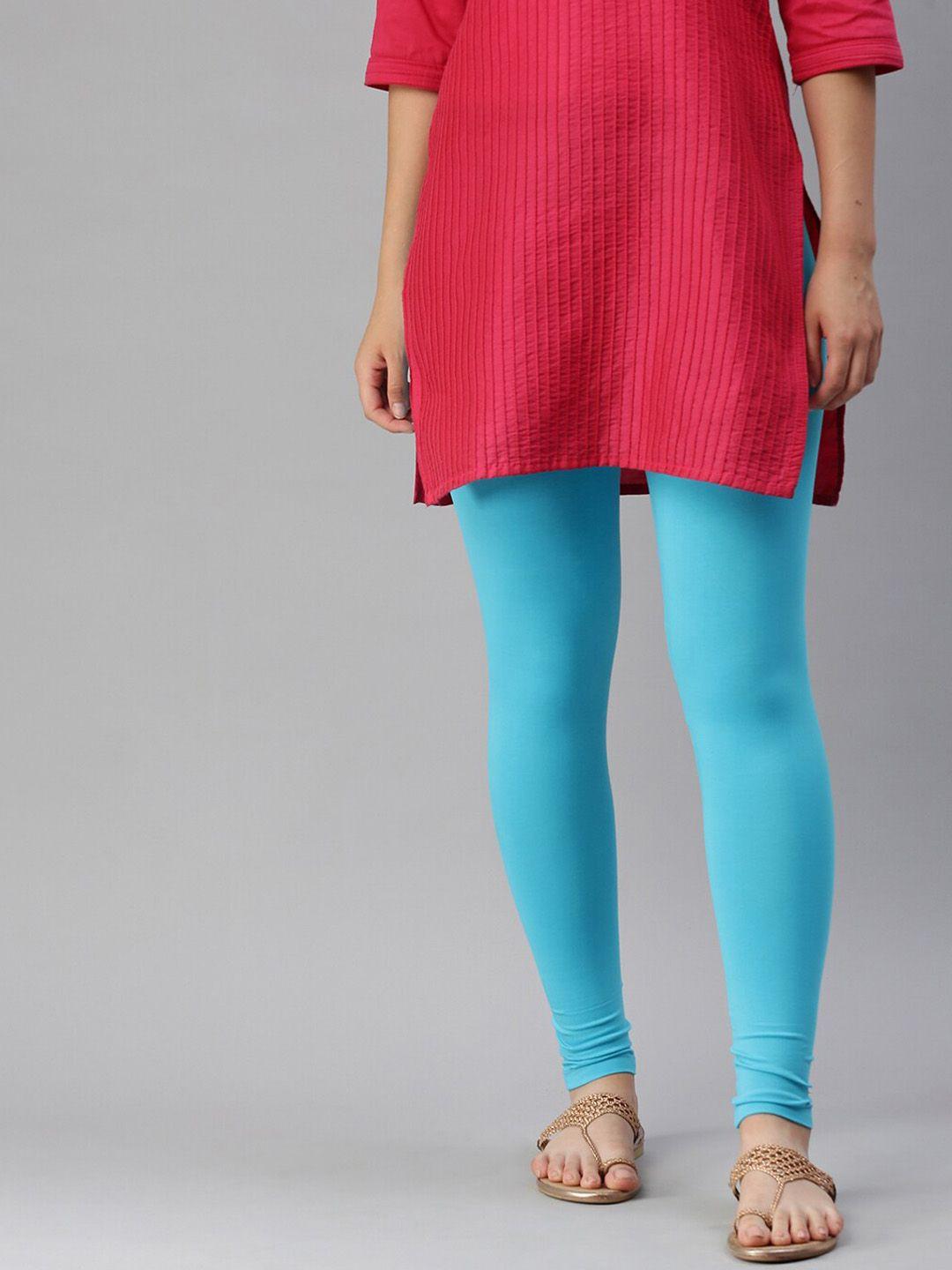 de moza women blue solid cotton ankle-length leggings
