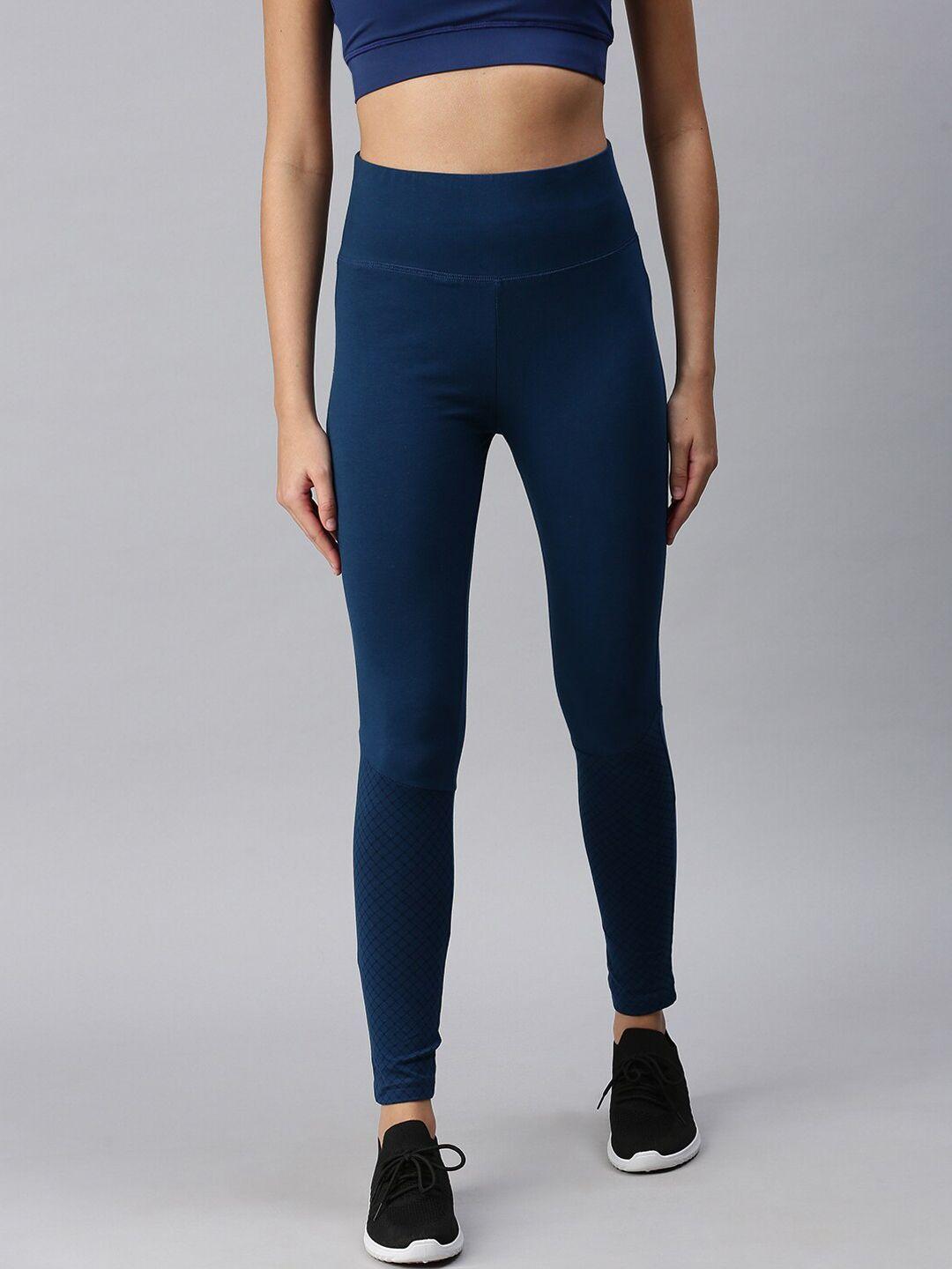 de moza women blue solid training or gym tights