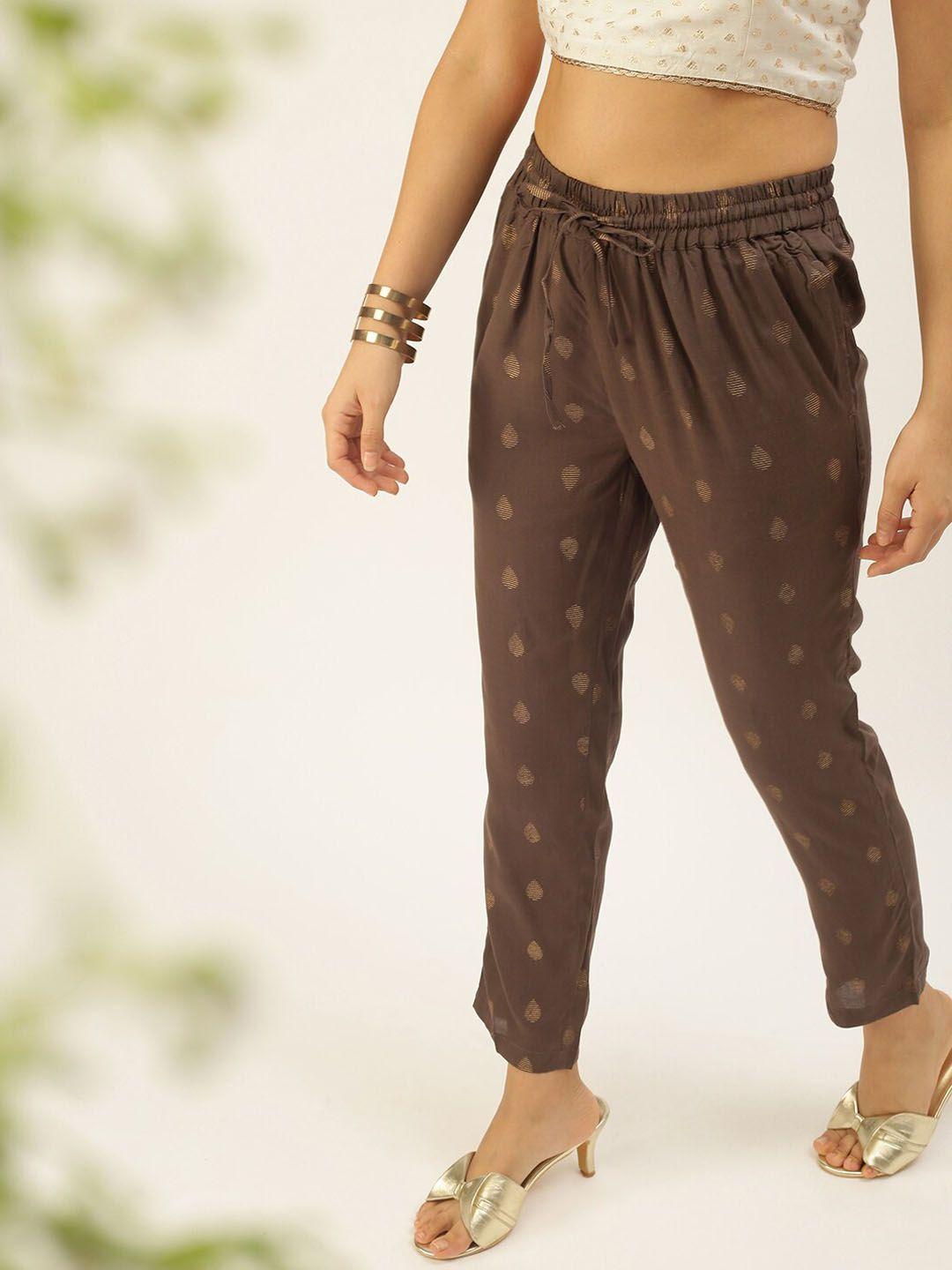 de moza women brown ethnic motifs printed trousers