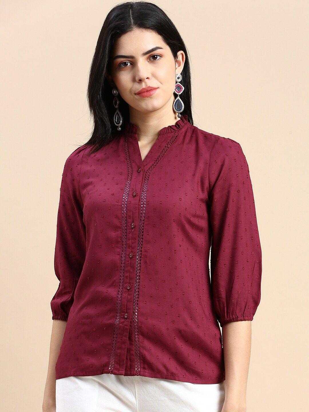 de moza women burgundy relaxed opaque printed casual shirt