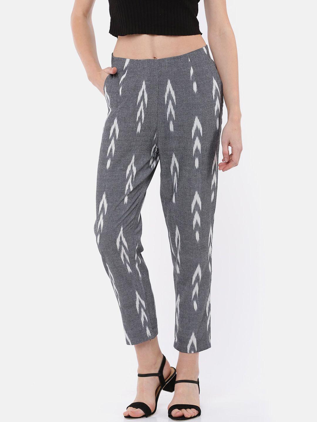 de moza women grey cotton printed straight fit trousers