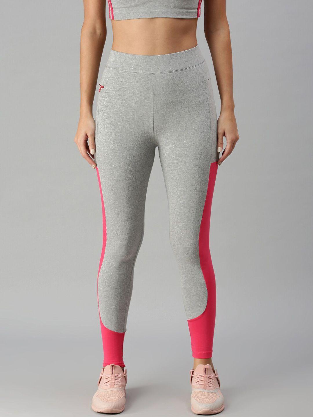 de moza women grey melange & pink colourblocked active wear skinny fit tights