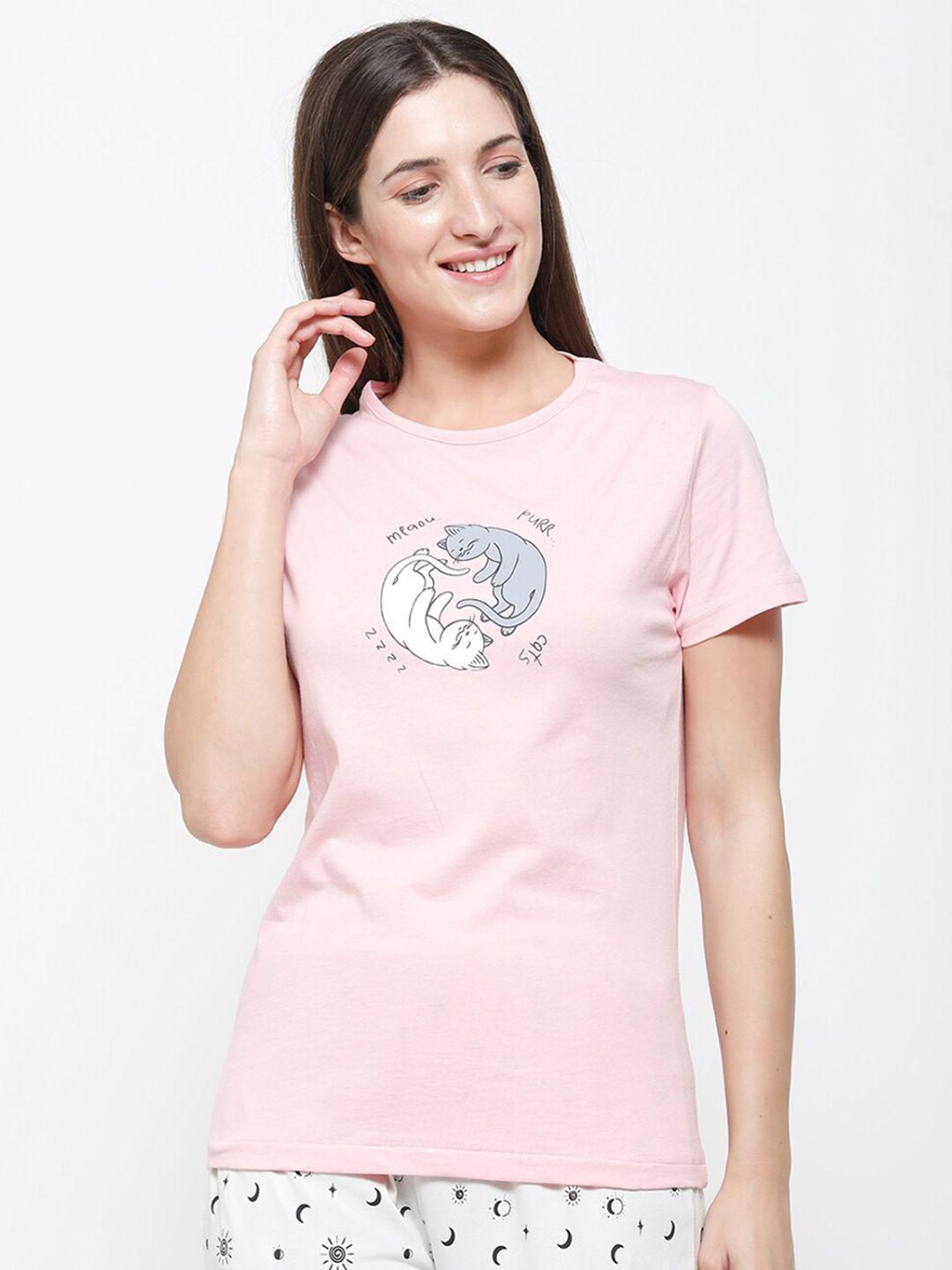 de moza women pink printed cotton t-shirt