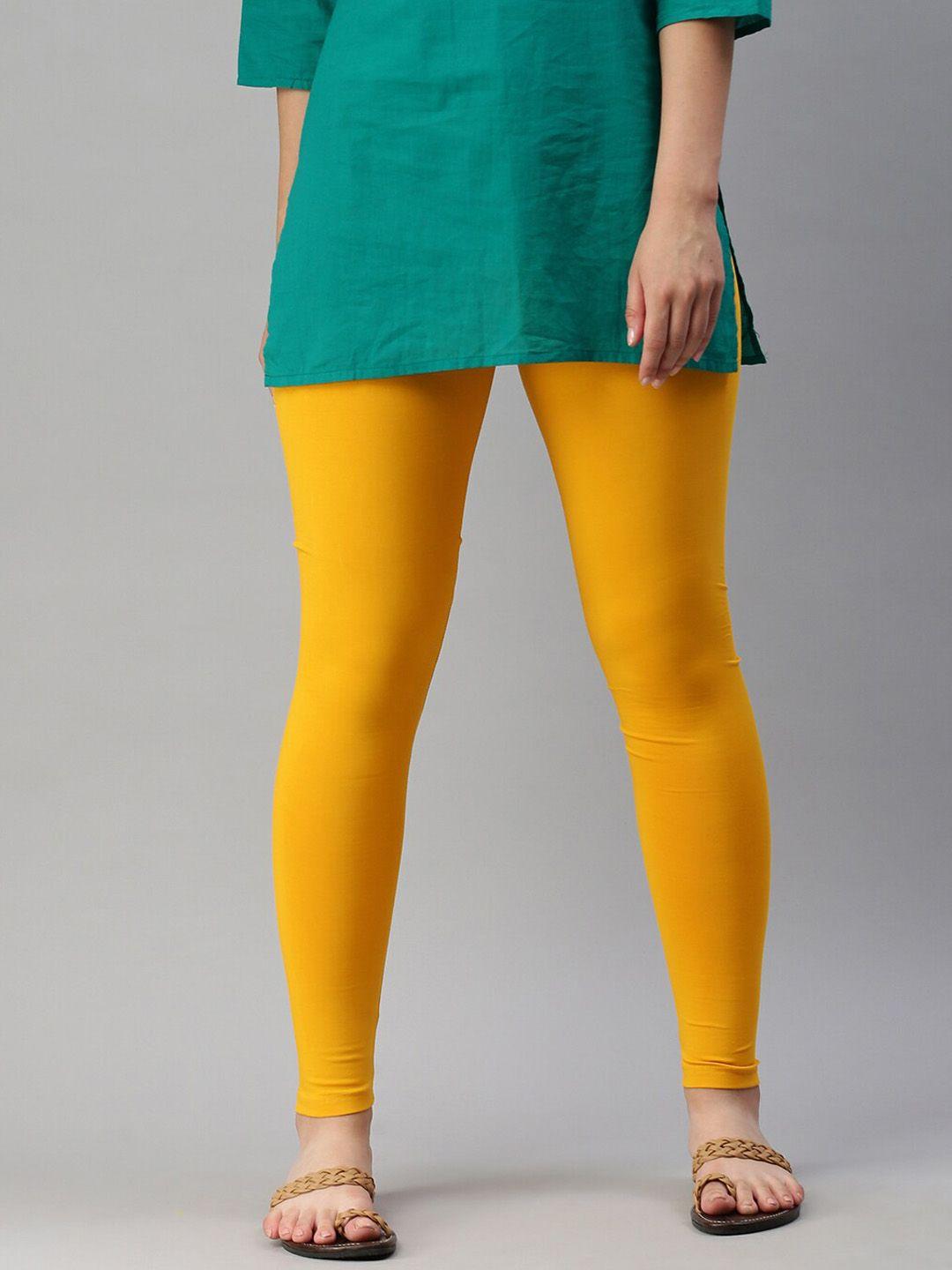 de moza women yellow solid ankle-length cotton leggings