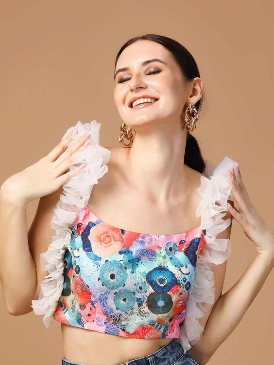 de novoo floral printed frilled cotton fitted top