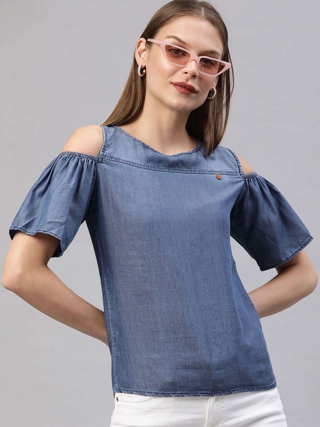 deal jeans women blue solid cold-shoulder chambray top