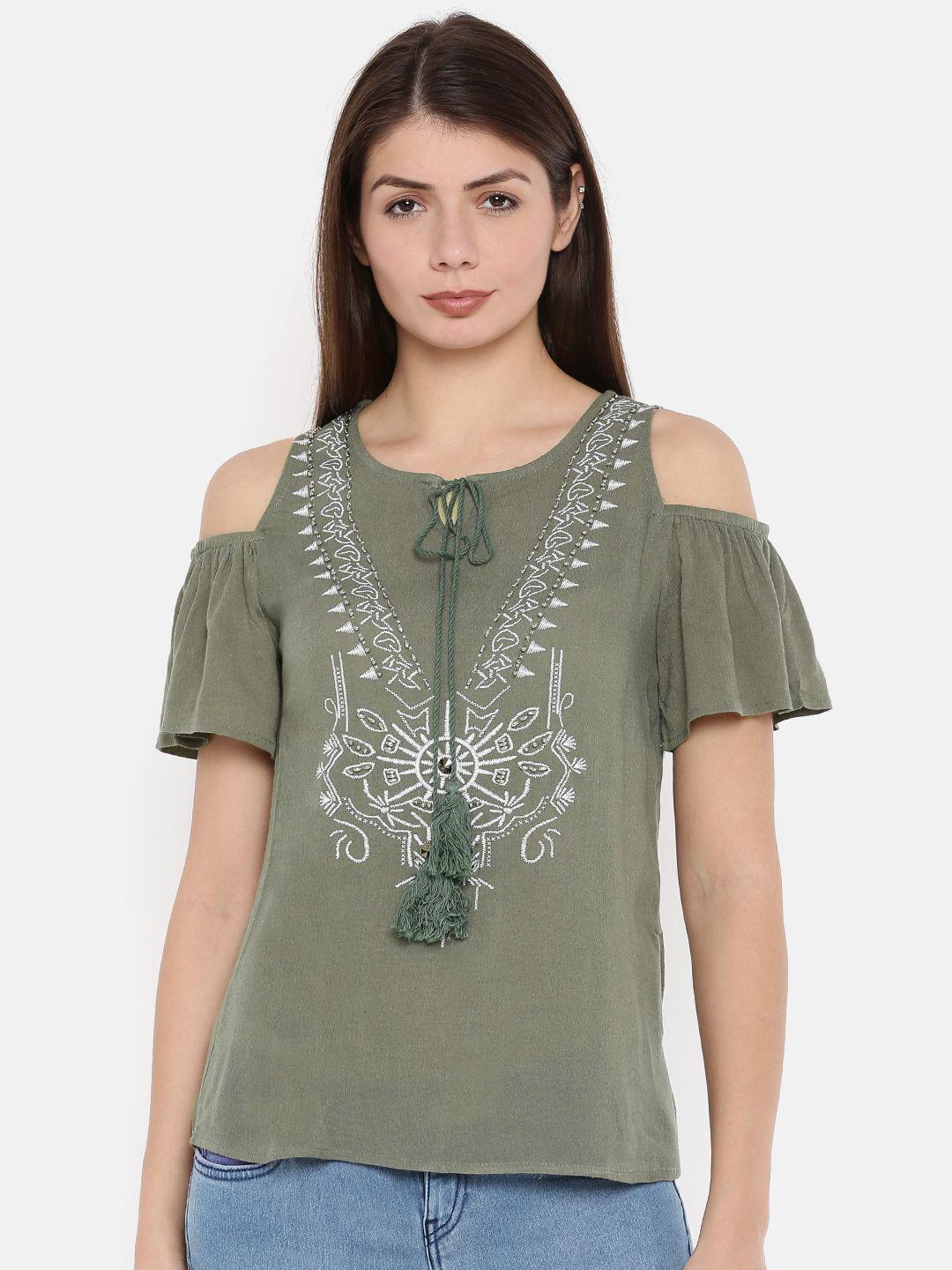 deal jeans women green printed cold-shoulder top