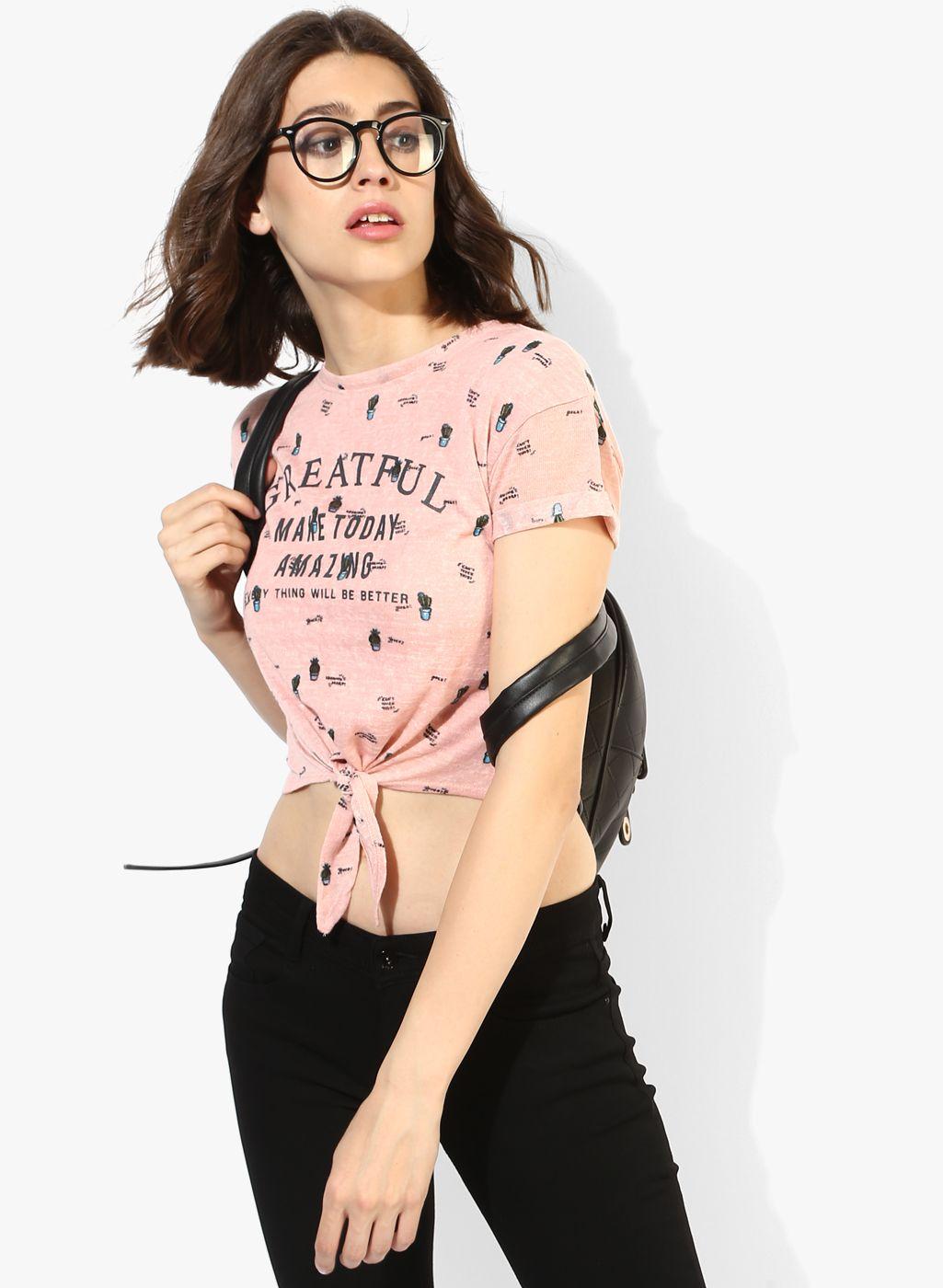deal jeans women peach-coloured printed cinched waist crop top