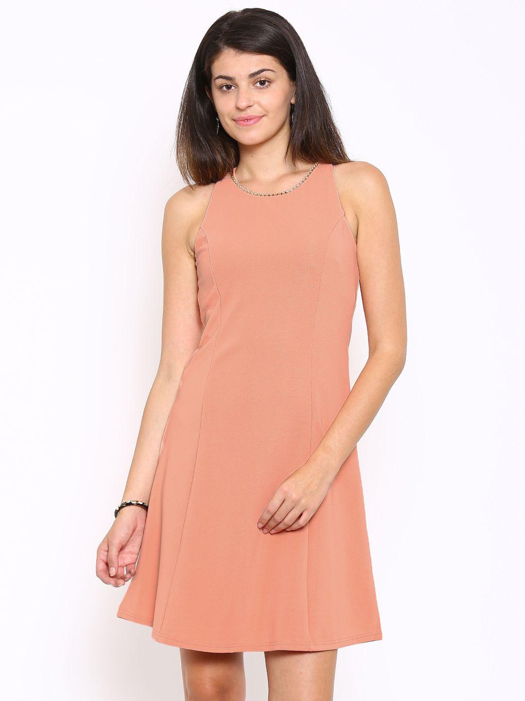 deal jeans women peach-coloured solid fit & flare dress