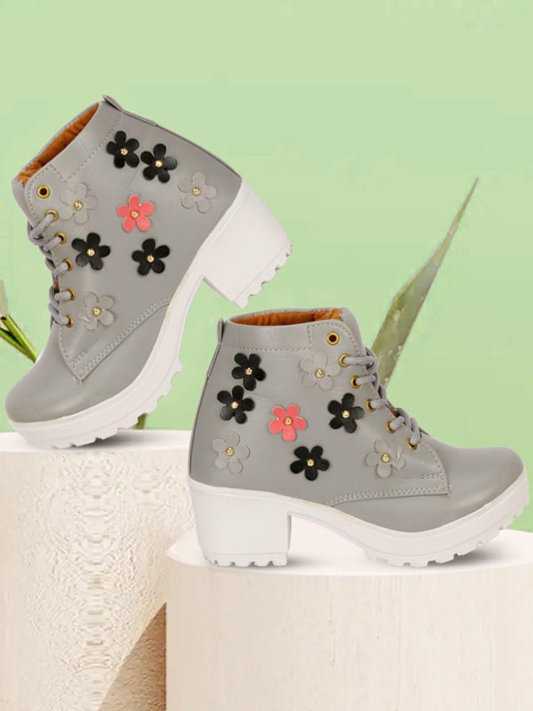 deas floral embellished mid top blocked-heeled boots