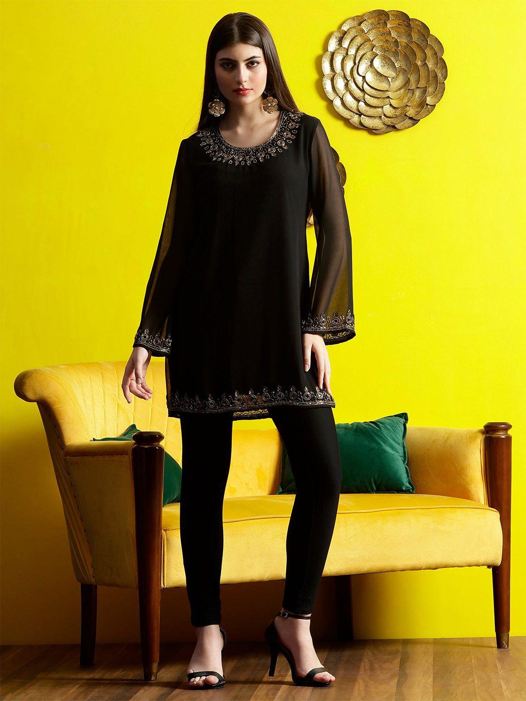 debonatella black bandhani embellished v-neck pure georgette kurti