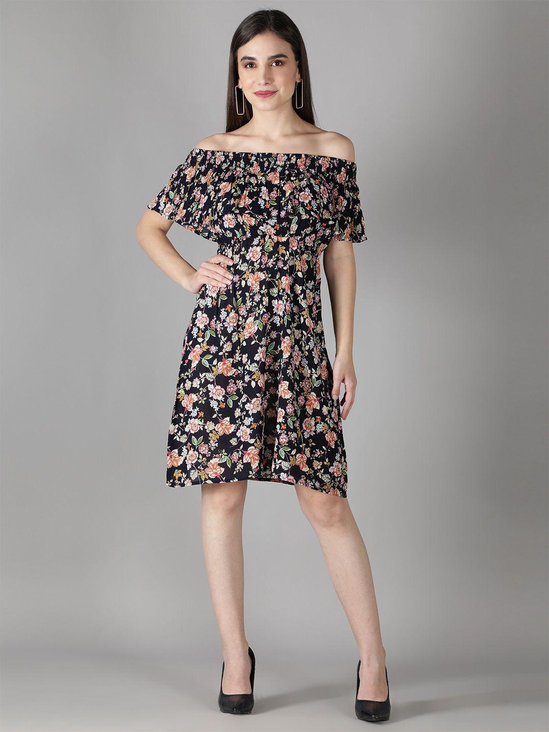 debonatella black floral printed off-shoulder dress