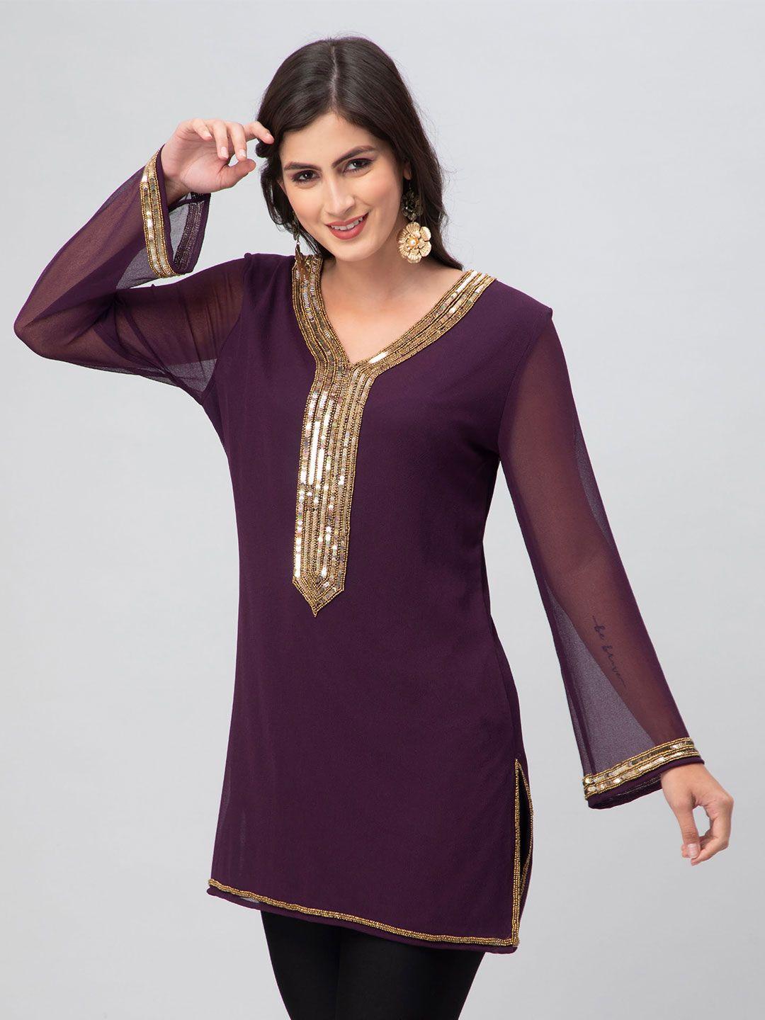 debonatella ethnic motifs embellished v-neck sequinned pure georgette kurti