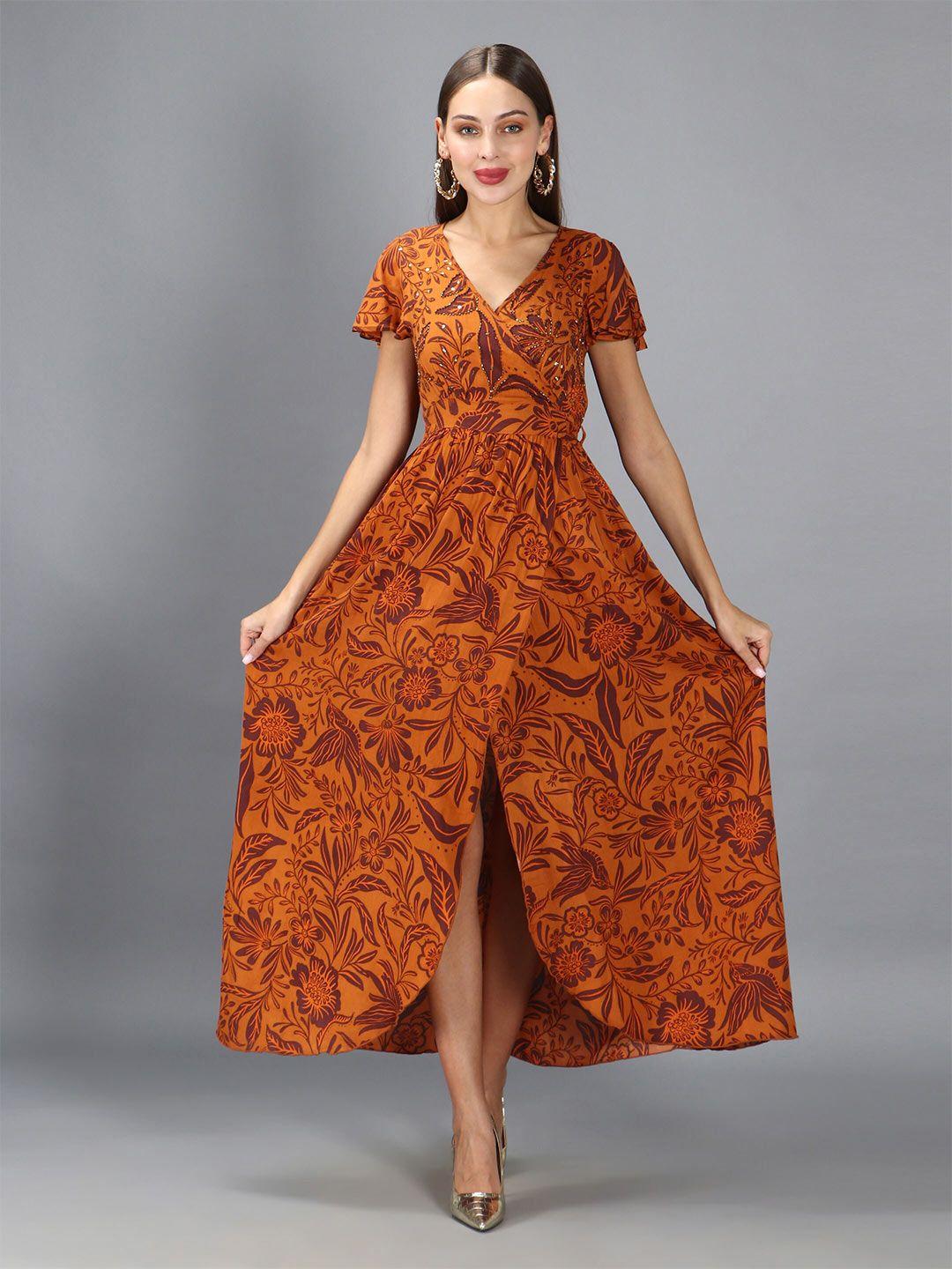 debonatella floral printed embellished slit sleeves a-line maxi dress