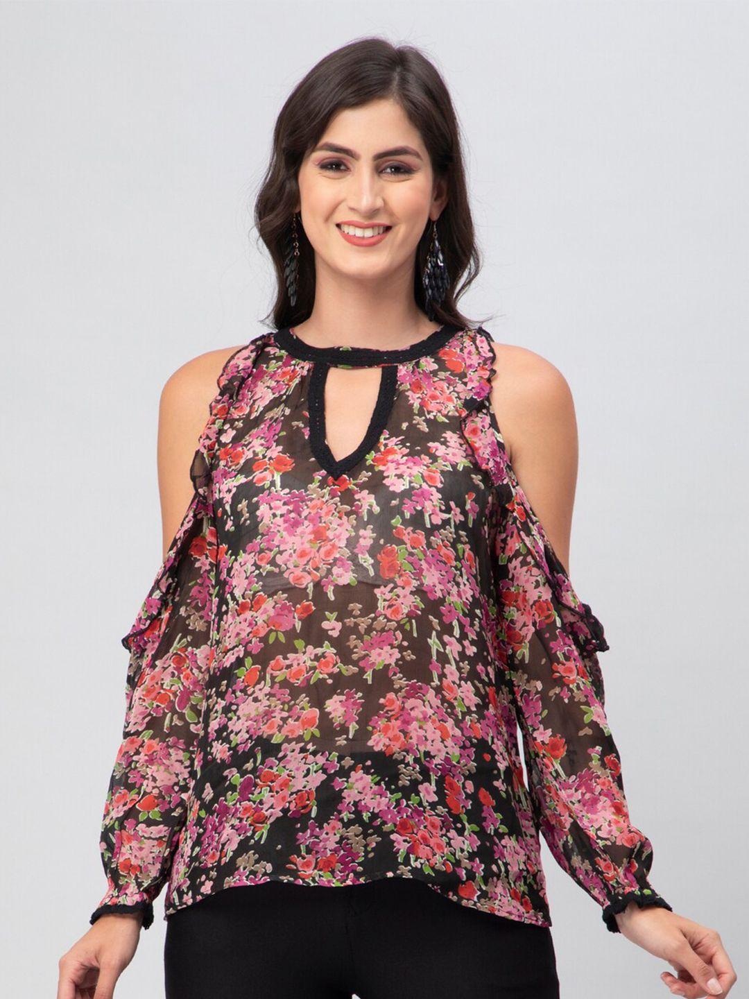 debonatella floral printed keyhole neck cold-shoulder georgette top