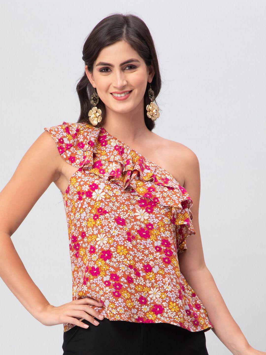 debonatella floral printed one shoulder ruffles top