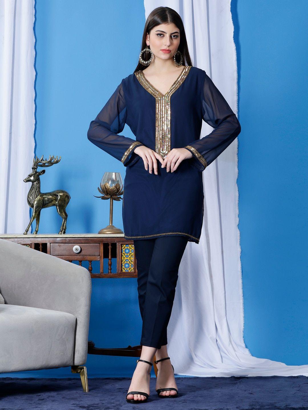 debonatella sequinned v-neck pure georgette kurti