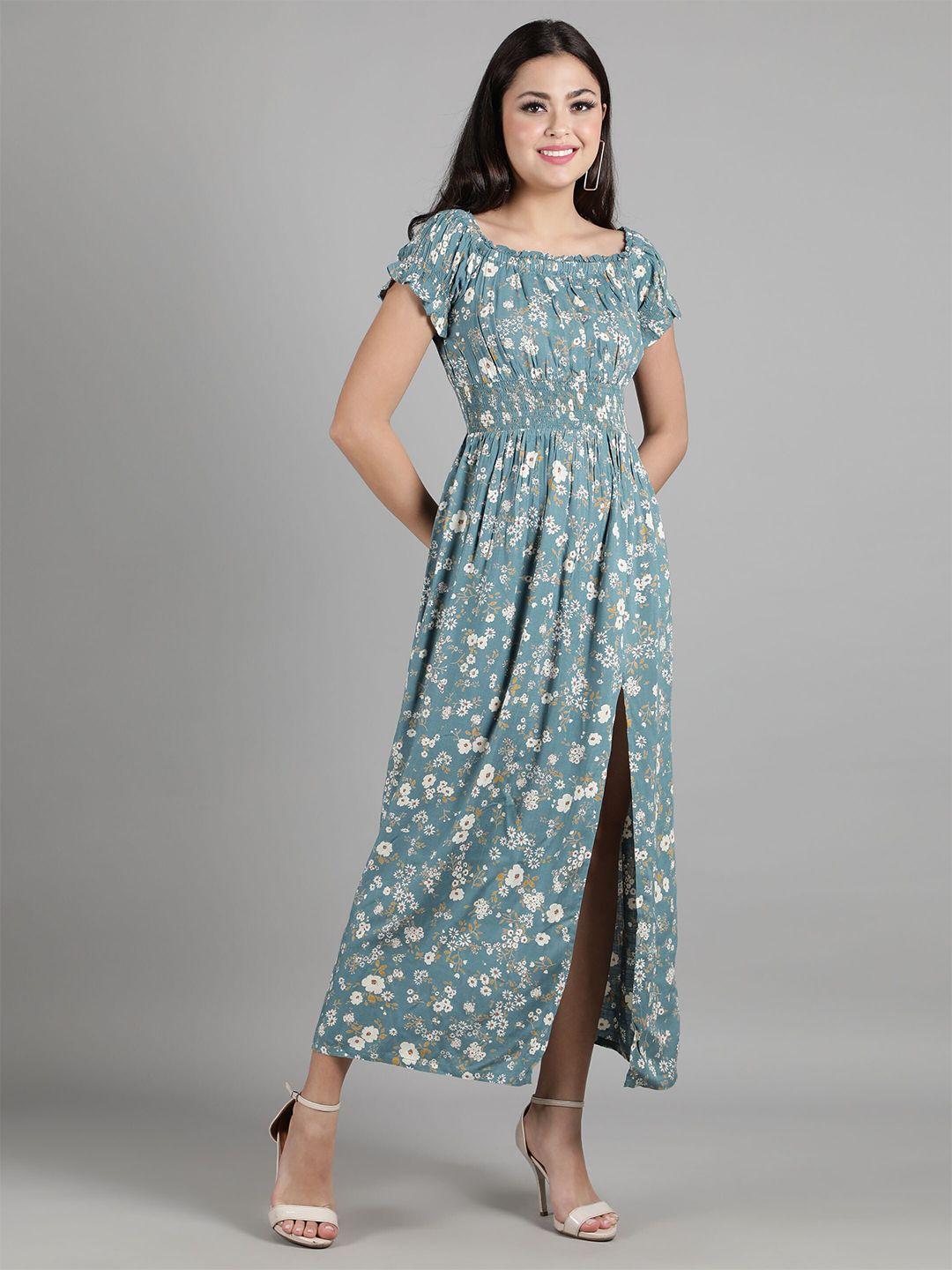 debonatella women teal floral printed fit & flare slit dress