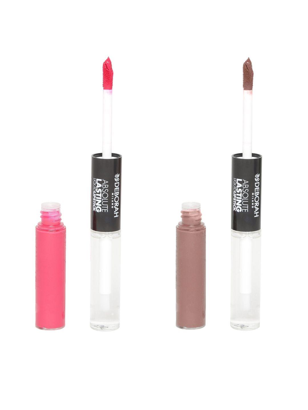 deborah set of 2 milano absolute lasting fire red & real nude liquid lipsticks with gloss