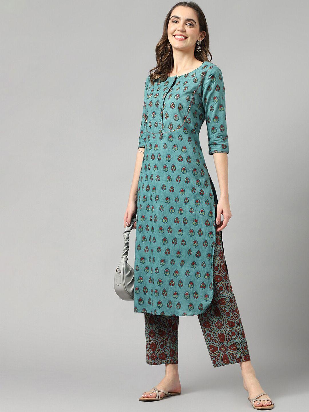 deckedup ethnic motifs printed sequined pure cotton kurta with trousers