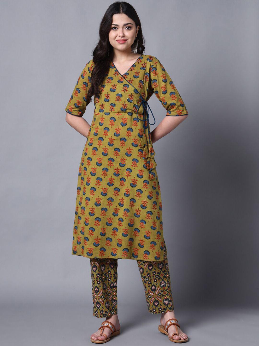 deckedup floral printed angrakha sequinned pure cotton kurta with trousers
