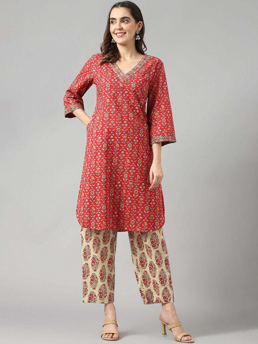 deckedup floral printed sequinned v-neck curved pure cotton kurta with trousers