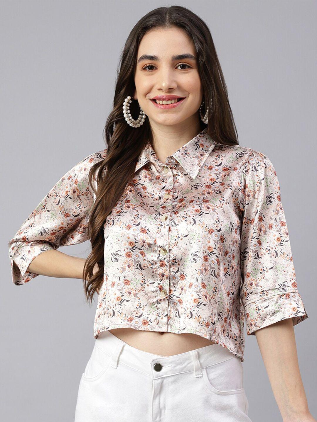 deckedup floral printed shirt style crop top