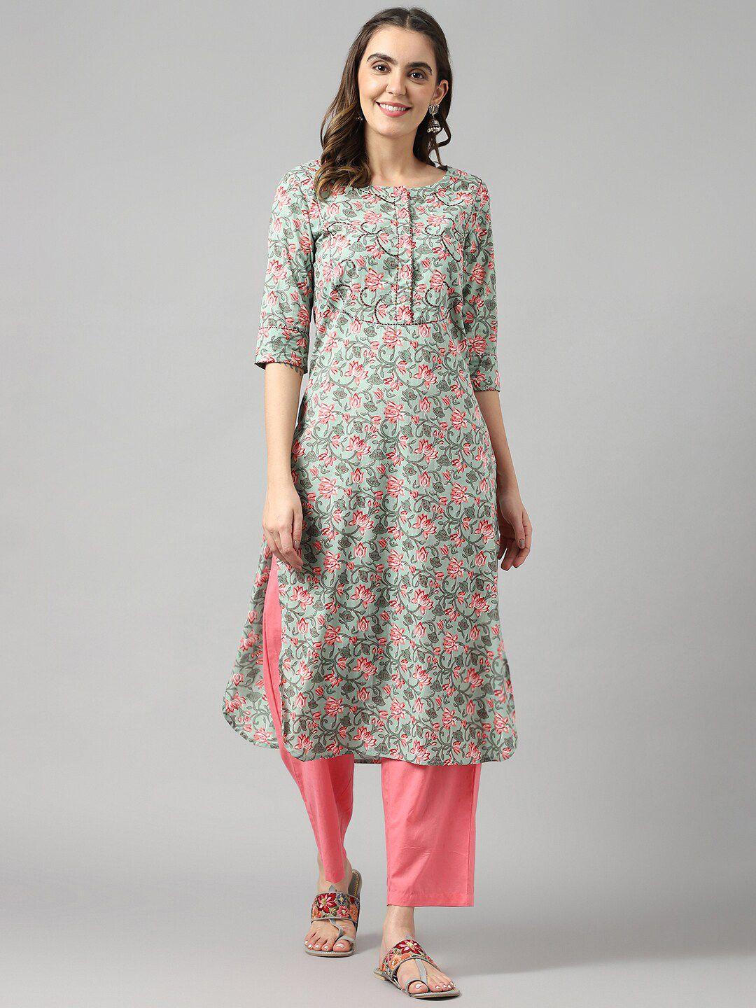 deckedup floral printed thread work pure cotton kurta with trousers