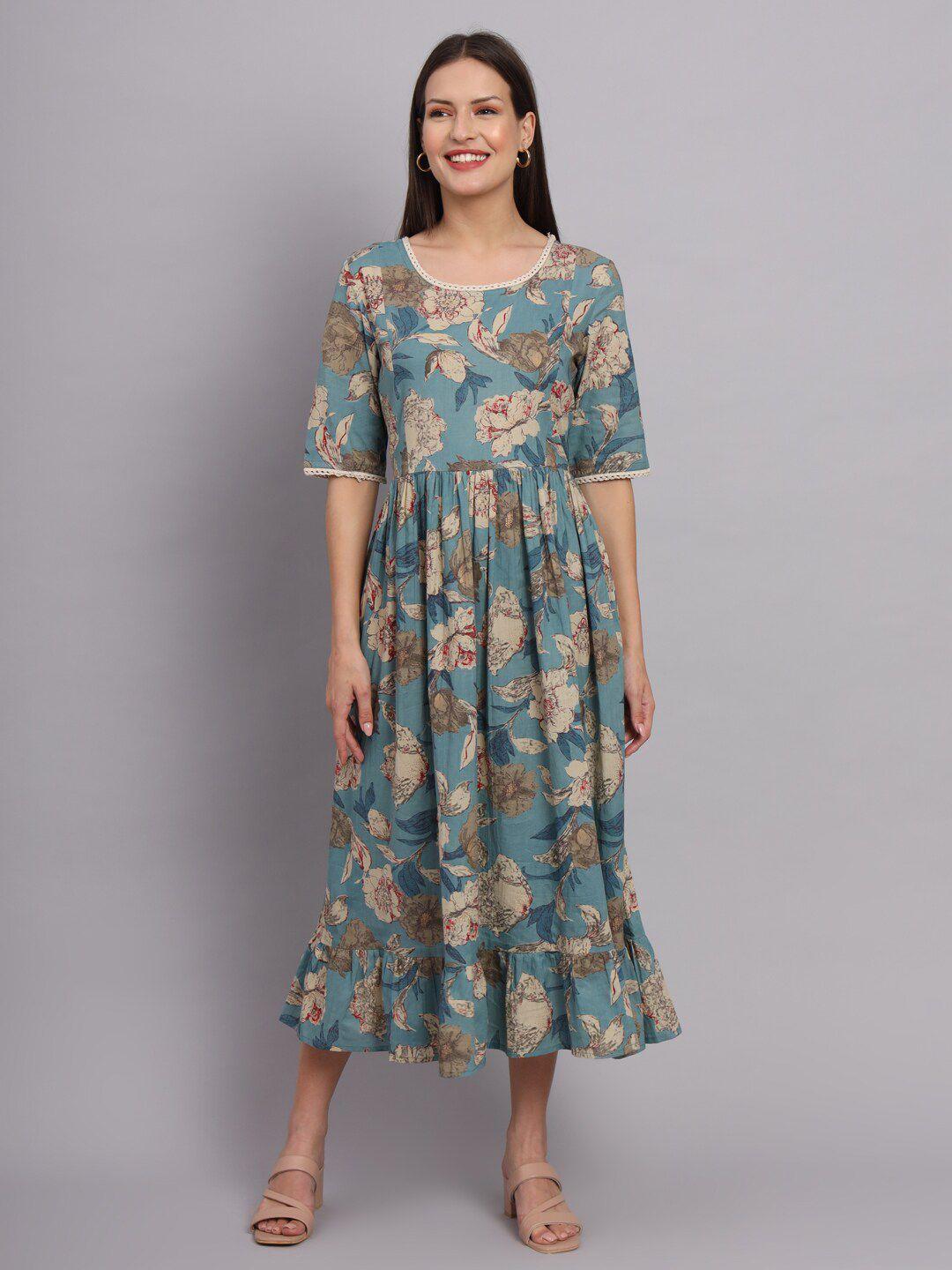 deckedup round neck floral printed gathered lace-up detail cotton a-line midi dress
