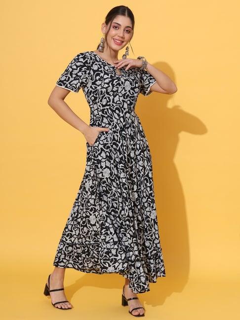 deckedup black floral print midi dress