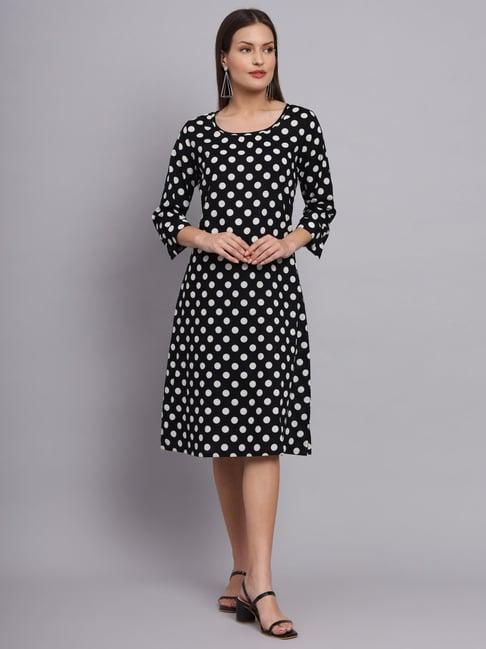 deckedup black polka dot a line dress