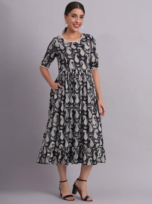 deckedup black printed midi dress