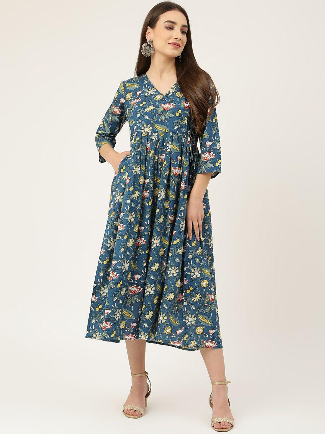 deckedup blue floral printed wrap midi dress