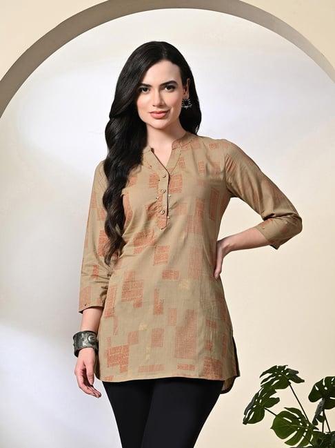 deckedup brown cotton printed tunic