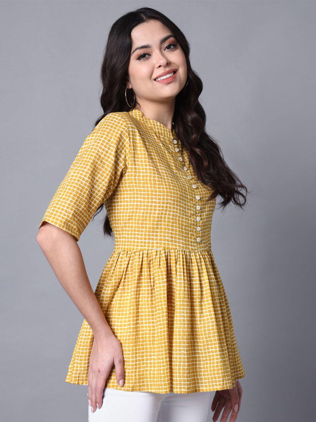 deckedup checked cotton gathered longline a-line top
