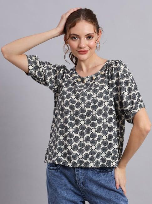 deckedup cream & black printed top