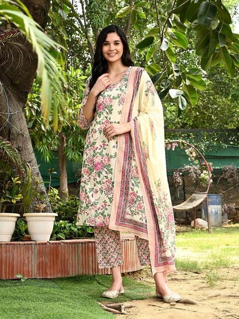 deckedup cream & pink floral print kurta with pants & dupatta