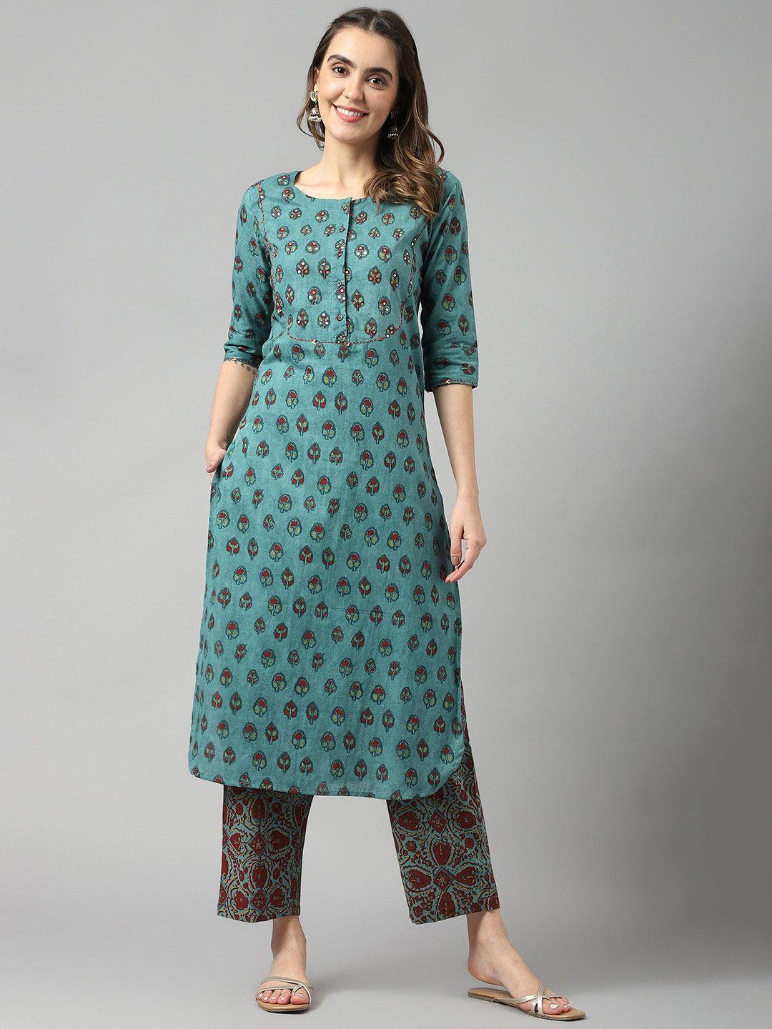 deckedup embroidered cotton round neck straight kurta