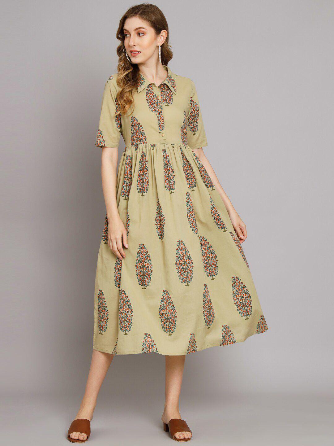 deckedup ethnic motifs print shirt collar cotton a-line midi dress